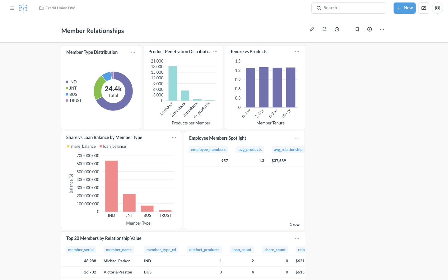 Member Relationships dashboard — membership composition, product penetration, employee members